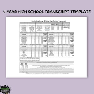 May include: A 4-year high school transcript template for Smith Academy. The document includes student information, course study, high school & dual credits earned, and a summary by year. The transcript includes a GPA table and a section for activities, awards, achievements, hobbies, volunteer work, and notes.