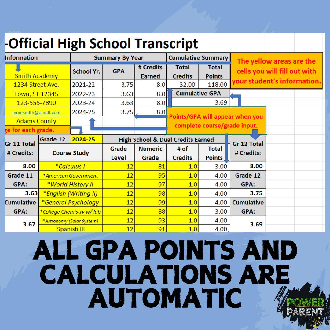 High School Transcript Template With GPA Calculator - Etsy