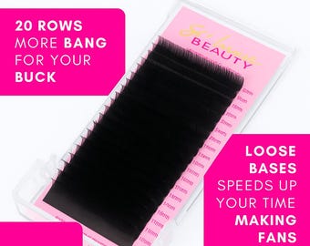 May include: A clear plastic case containing rows of dark, matte eyelash extensions. The text on the packaging reads "FEATHER FLEX VOLUME SERIES" and "20 ROWS MORE BANG FOR YOUR BUCK". Additional text includes "LOOSE BASES SPEEDS UP YOUR TIME MAKING FANS".