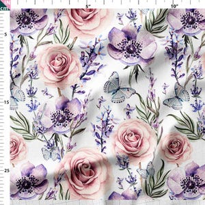Cotton Fabric by the Yard – Blush Roses & Lavender with Butterflies – Watercolor Floral Meadow Pattern