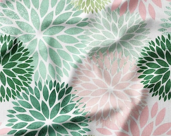 Green and Pink Floral Burst Pattern Cotton Fabric by the Yard - Fresh and Vibrant Design for Quilting, Sewing, and Home Decor
