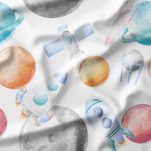 Watercolor Planets, Rockets, and Satellites on White Cotton Fabric by the Yard - Outer Space Design for Kids' Quilting, Sewing, and Crafts