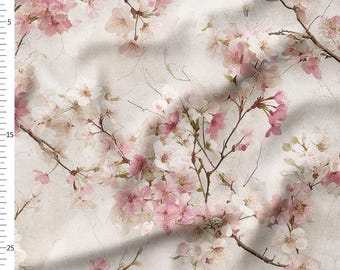 Tela de algodón cortada a medida – Ramas de flores en acuarela en tonos rosa y crema – Estampado floral romántico