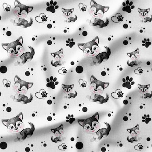Husky Puppy Cotton Fabric by the Yard Adorable Animal Dog and Paw Print Design for Kids Sewing, Quilting, Home Decor, and DIY Projects