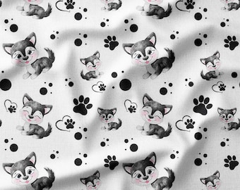 Husky Puppy Cotton Fabric by the Yard Adorable Animal Dog and Paw Print Design for Kids Sewing, Quilting, Home Decor, and DIY Projects