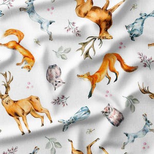 Woodland Animals on White Cotton Fabric by the Yard – Deer, Foxes, Rabbits, and Owls Design for Quilting, Pillows, and Home Decor Projects