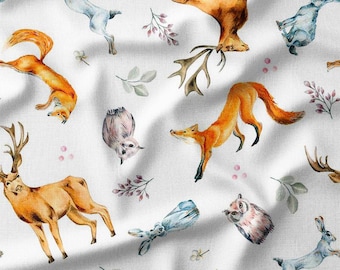 Woodland Animals on White Cotton Fabric by the Yard – Deer, Foxes, Rabbits, and Owls Design for Quilting, Pillows, and Home Decor Projects