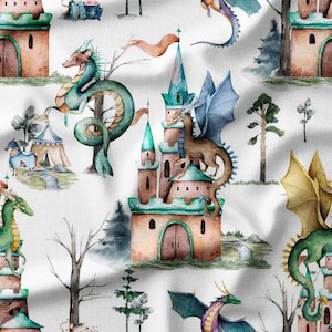 Magical Castles and Dragons on White Cotton Fabric by the Yard - Fantasy Design for Kids, Quilting, DIY Crafts, Home Decor