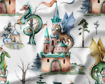 Magical Castles and Dragons on White Cotton Fabric by the Yard - Fantasy Design for Kids, Quilting, DIY Crafts, Home Decor