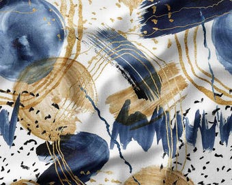 Abstract Blue and Gold Brush Strokes on White Cotton Fabric by the Yard – Modern Design for Quilting, DIY Crafts, and Home Decor