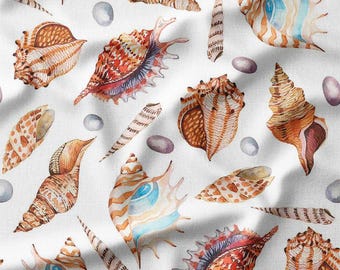 Fabric by the Yard - Realistic Conch Shells and Pebbles on White Background - Perfect for Quilting, Sewing, and Coastal-Inspired Home Decor
