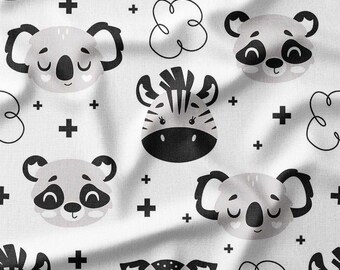 Monochrome Animal Faces with Koalas, Zebras, and Pandas on White Cotton Fabric by the Yard - Adorable Kids' Design for Quilting, Sewing