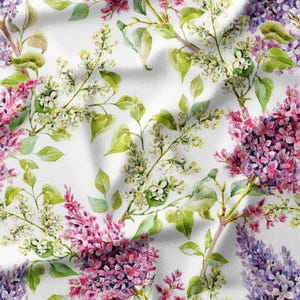 Watercolor Lilac Blooms and Green Leaves on White Cotton Fabric by the Yard – Elegant Floral Design for Quilting, DIY Crafts, and Home Decor
