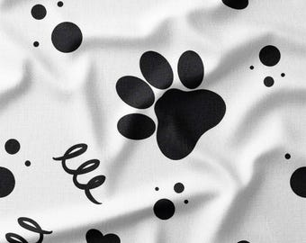 Black Paw Prints and Hearts on White Cotton Fabric by the Yard - Perfect for Quilting, Sewing, Crafts, and Pet Accessories
