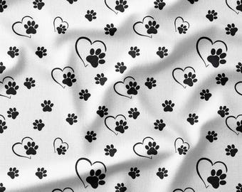 Black Paw Prints with Hearts on White Cotton Fabric by the Yard Perfect for Quilting, Pillows, Curtains, and DIY Crafts