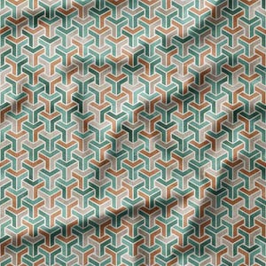 Fabric by the Yard – Geometric Cube Pattern in Green and Brown, Available in Cotton, Linen, Bamboo & More – Perfect for Quilting and Crafts