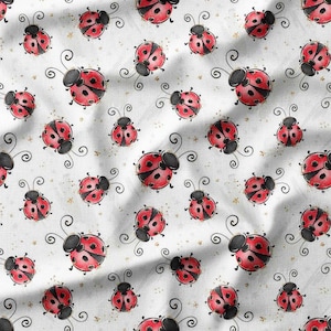 Cute Red Ladybugs with Dots and Stars on White Cotton Fabric by the Yard - Perfect for Quilting, Sewing, Curtains, and Nursery Decor