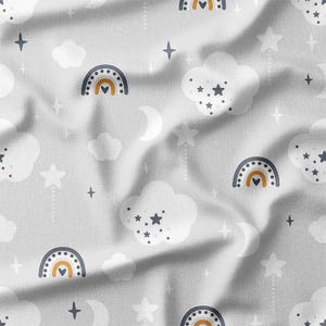 Gray Clouds, Stars, and Rainbows Cotton Fabric by the Yard - Minimalist Design with Moons and Hearts for Kids&#39; Quilting and Sewing Projects