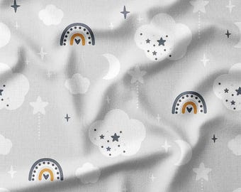 Gray Clouds, Stars, and Rainbows Cotton Fabric by the Yard - Minimalist Design with Moons and Hearts for Kids' Quilting and Sewing Projects