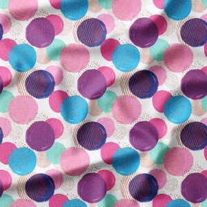 Colorful Circles with Textured Patterns on White Cotton Fabric by the Yard - Playful and Modern Design for Quilting, Sewing, and Craft
