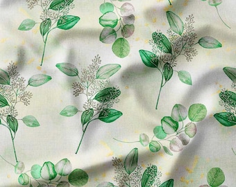 Watercolor Green Eucalyptus Leaves on Light Green Cotton Fabric by the Yard - Ideal for Quilting, Sewing, Crafting, and Home Decor