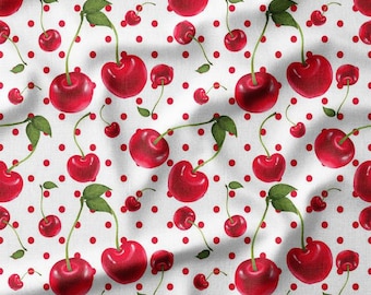 Cotton Fabric by the Yard – Bright Red Cherries with Polka Dots – Available in Cotton, Linen, Bamboo More, Perfect for Quilting, Home Decor