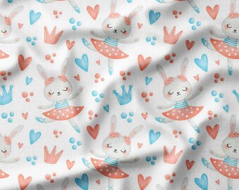 Bunny Ballerina Cotton Fabric by the Yard – Cute Bunnies in Tutus with Hearts and Crowns, Perfect for Kids' Clothing, Quilting, and Nursery
