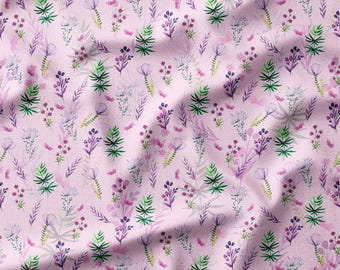 Delicate Pink and Purple Wildflowers with Green Leaves on Light Pink Cotton Fabric by the Yard - Soft Floral Design for Quilting, Sewing