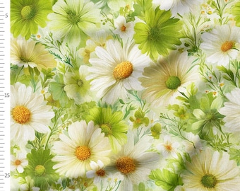 Cotton Fabric by the Yard, Green White Daisy Meadow, Fresh Spring Wildflower Floral