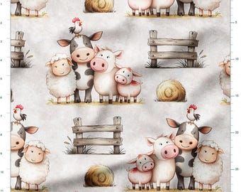 Cotton Fabric by the Yard – Farm Animals with Fence and Hay Bales – Rustic Kids Pattern