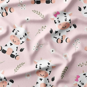 Cute Cow Cotton Fabric by the Yard Cartoon Cows with Flowers Farm Animals on Pink Background Sewing Supplies Fabric for Quilting Bedding DIY