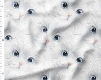 Cotton Fabric by the Yard, White Kitten Faces Blue Eyes, Minimal Cat Pattern