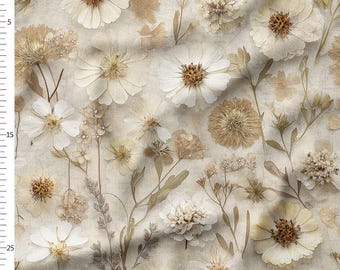 Cotton Fabric by the Yard – Dried Meadow Flowers in Warm Neutrals – Vintage Floral Pattern