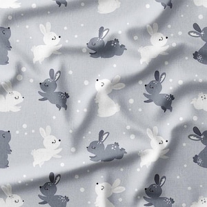 Cotton Fabric by the Yard - Adorable Bunnies on Soft Gray Background, Perfect for Quilting, Baby Projects, Home Decor, and Crafts