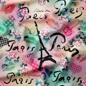 Paris Eiffel Tower and Roses on Multicolor Cotton Fabric by the Yard - Romantic and Stylish Design for Quilting, Sewing, and Fashion