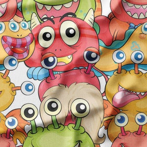 Colorful Cartoon Monsters Cotton Printed Fabric by the Yard - Fun and Whimsical Design for Kids, Quilting, DIY Crafts, and Home Decor