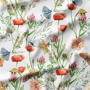 Butterflies, Bees, and Wildflowers with Poppies on White Cotton Fabric by the Yard - Vibrant Garden Design for Quilting, Sewing, Bedding
