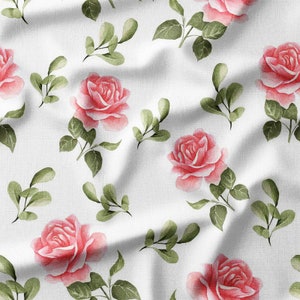 Pink Watercolor Roses and Green Leaves on White Cotton Fabric by the Yard – Elegant Floral Design for Quilting, Apparel, and Home Decor