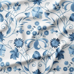 Elegant Blue Floral Pattern on White Cotton Fabric by the Yard - Classic Botanical Design for Quilting, Sewing, Curtains, and Home Decor