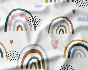 Fabric by the Yard - Pastel Rainbow and Hearts on White Background, Perfect for Baby Clothing, Nursery Decor, and Quilting