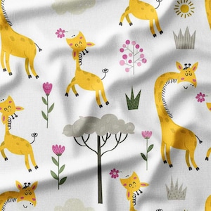 Giraffe and Flowers Cotton Fabric by the Yard Giraffes with Floral and Tree Design for Kids Sewing Fabric for Quilting Bedding Clothes DIY