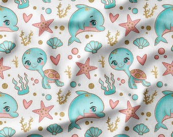Ocean Friends Cotton Fabric by the Yard – Adorable Dolphins and Turtles with Seashells and Starfish, Ideal for Kids' Clothing, Quilting