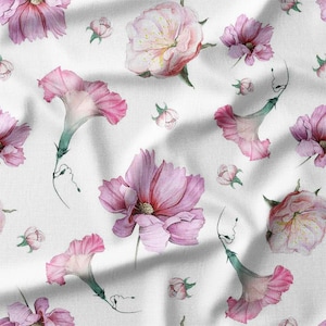 Fabric by the Yard - Watercolor Pink Flowers on White Cotton - Perfect for Quilting, Sewing, and Home Decor Projects