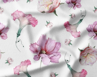 Fabric by the Yard - Watercolor Pink Flowers on White Cotton - Perfect for Quilting, Sewing, and Home Decor Projects