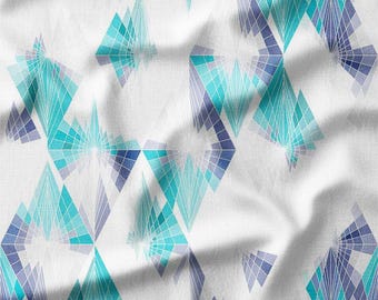 Geometric Blue and Turquoise Abstract Pattern on White Cotton Fabric by the Yard – Modern Design for Quilting, Decor, and Sewing Projects
