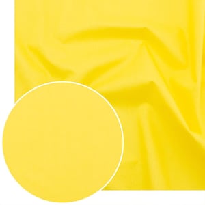 May include: A close-up of a bright yellow fabric with visible folds and textures. A circular inset of the same yellow fabric is featured in the lower left corner, outlined in white. The fabric appears smooth and lightweight.