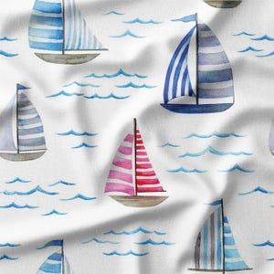 Sailboats and Waves on White Cotton Fabric by the Yard - Nautical Design for Quilting, Sewing, DIY Crafts, and Home Decor