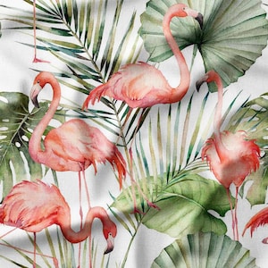 Pink Flamingos and Tropical Leaves on White Cotton Fabric by the Yard – Vibrant Jungle-Inspired Design for Quilting, Pillows, and Home Decor