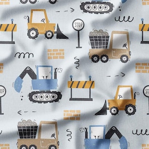 Tela de algodón de vehículos de construcción cortada a medida. Diseño de excavadoras, camiones y barreras para niños. Tela de costura para acolchado, ropa de cama, bricolaje.
