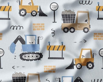 Construction Vehicles Cotton Fabric by the Yard Diggers, Trucks, and Barriers Design for Boys Sewing Fabric for Quilting Bedding DIY
